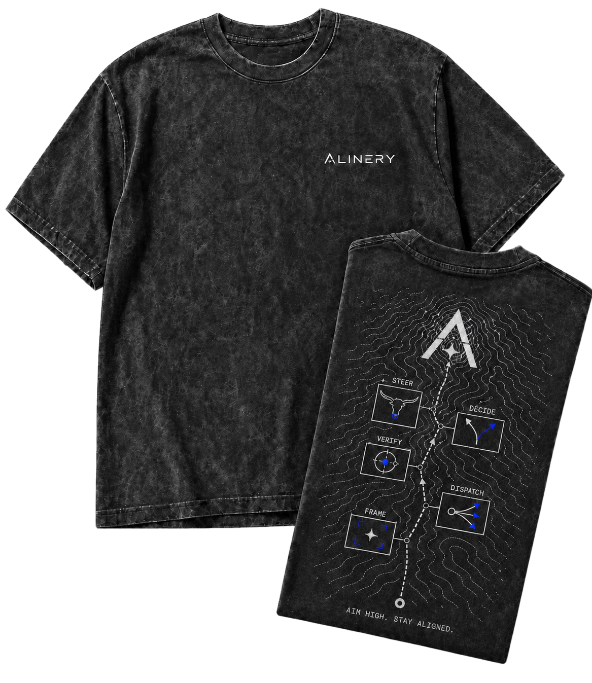 Front and folded back views of the washed black Northstar Tee